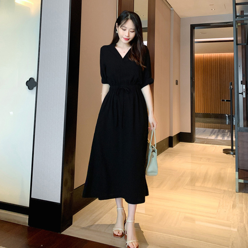 L1011 Summer Hepburn style black v-neck chiffon dress waist slimming temperament fat plus size long skirt female dress