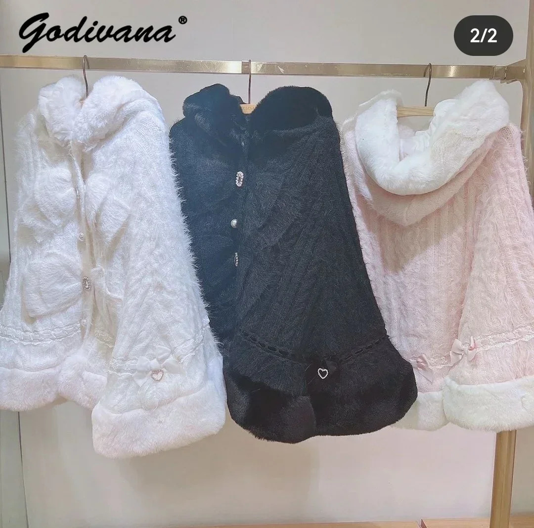 Japanese Sweet Soft Thick Womens Double layer Large Ribbon Hooded Knitted Cloak 3-Color Autumn and Winter Raincoat Warm Jacket 241212