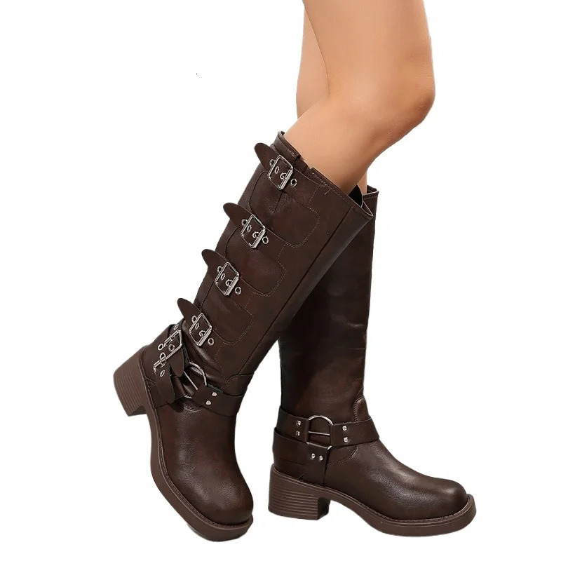 Plus Size Ladies Shoes Knee-High Womens Boots Modern Boots Women Belt Buckle Round Toe Med Heel Slip on Shoes Women 241211