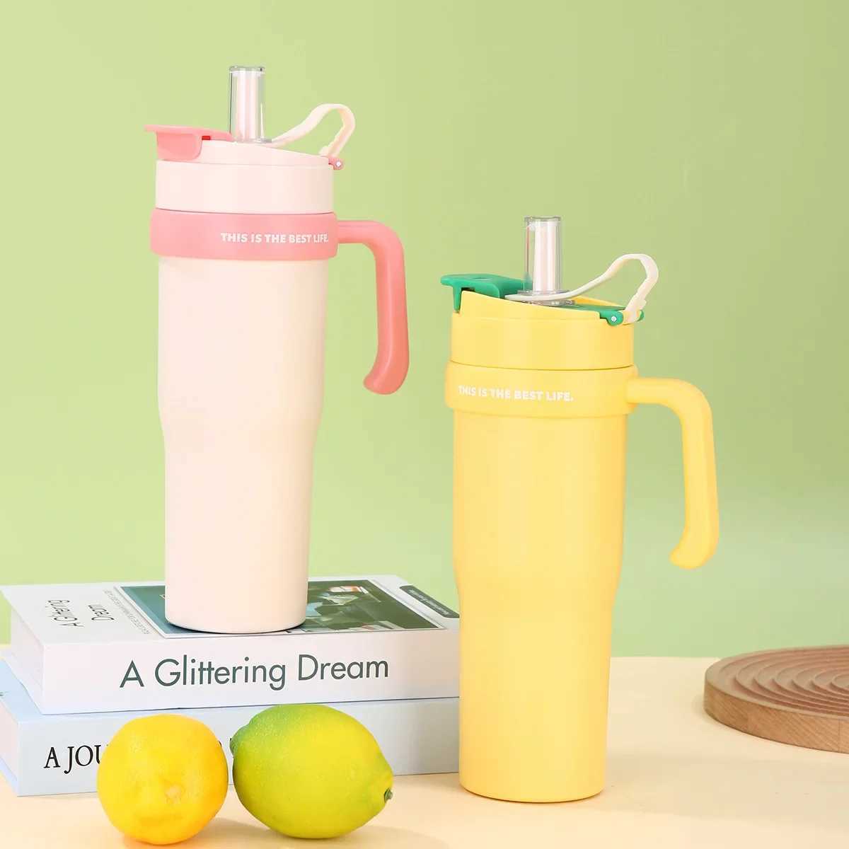 900ml stainless steel inflatable water bottle large capacity hot cup hot coffee cart cup hot and cold GS with handle straw Y241211