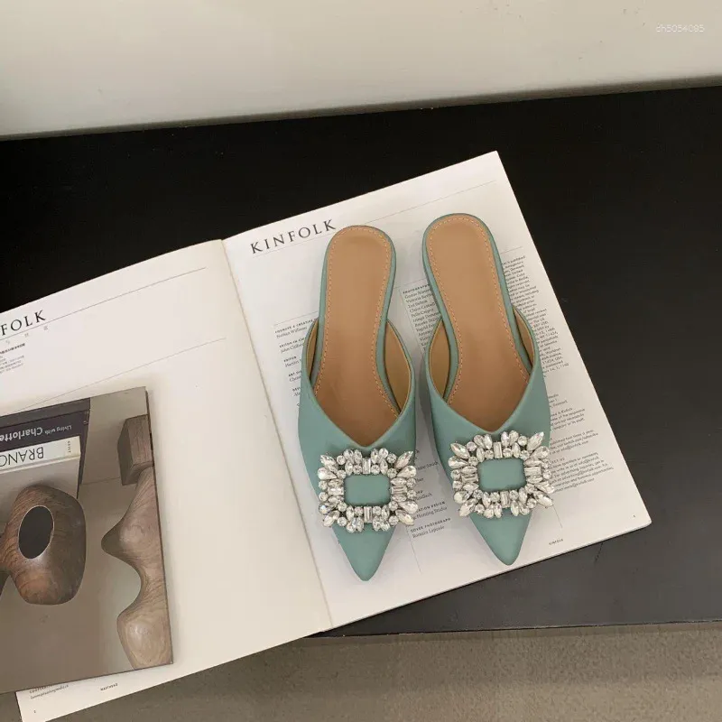 Slippers Female Shoes Pointed Toe Casual Slides Shallow Thin Heels Jelly Flip ps Low 2024 Cover Glitter Crystal Rubber