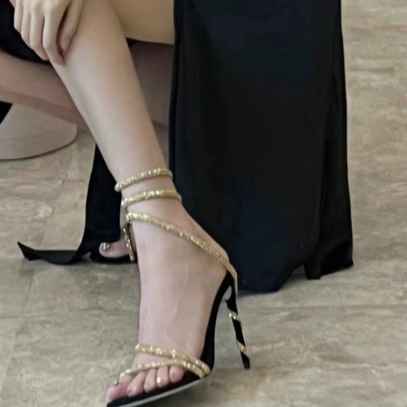 2024 Europe Summer New High-Heeled Stiletto Rhinotone Sandals Women's Large Size Heels