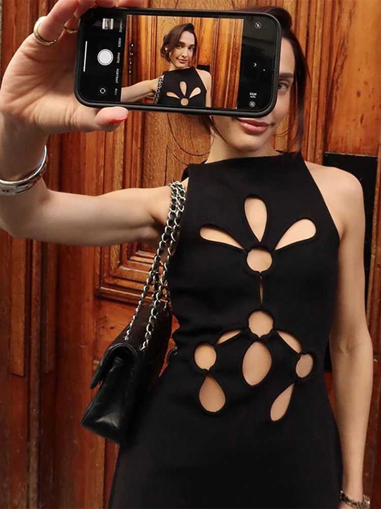 Urban Sexy Dresses Sexy Hollow Out Short Dresses Women Elegant Solid O-neck Slveless Slim Hip Package Party Dress 2025 Summer Chic Lady Vestidos Y2412