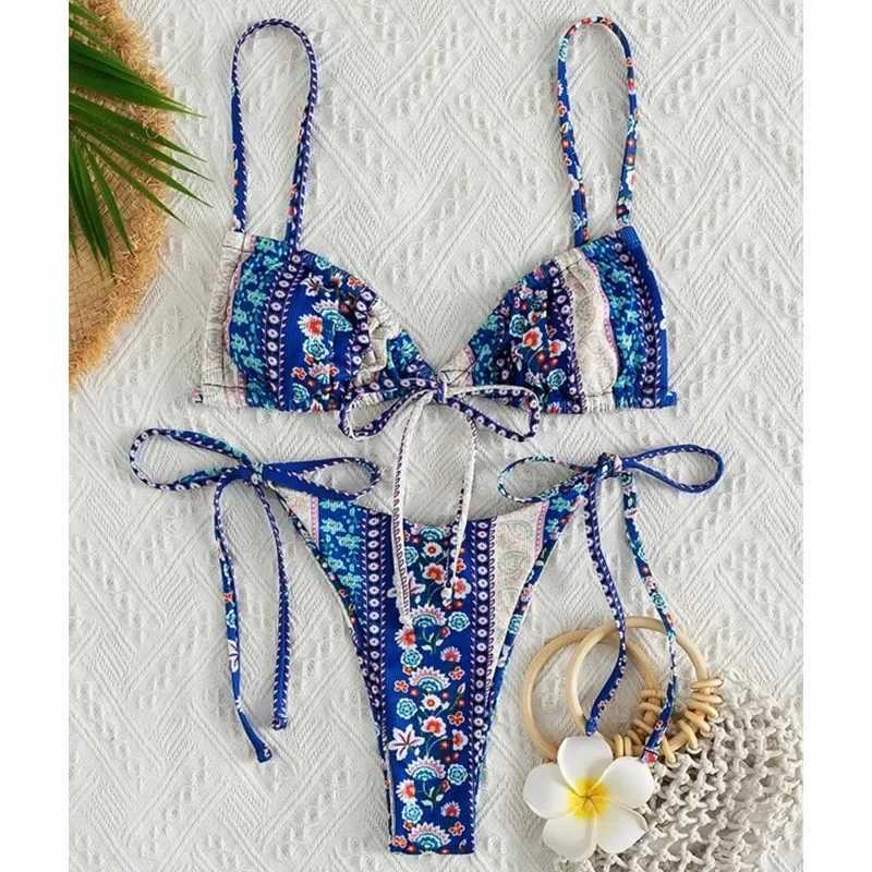 2022 Floral Print String Bandage Bikini Set Swimwear Women Summer Sexy Push Up Bathing Suit Beachwear Halter Biqiuni SwimsuitXJ241212