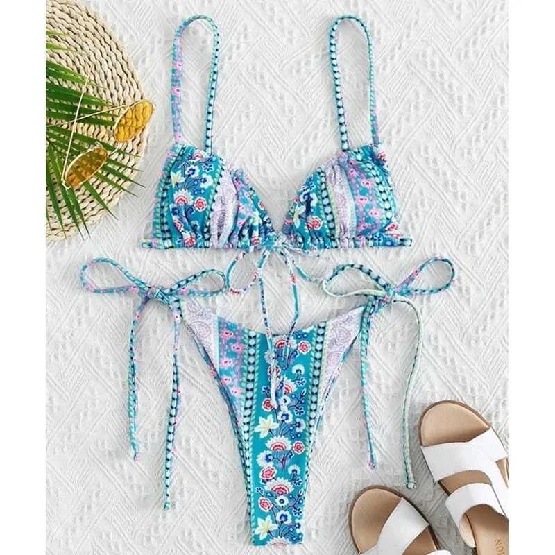 2022 Floral Print String Bandage Bikini Set Swimwear Women Summer Sexy Push Up Bathing Suit Beachwear Halter Biqiuni SwimsuitXJ241212