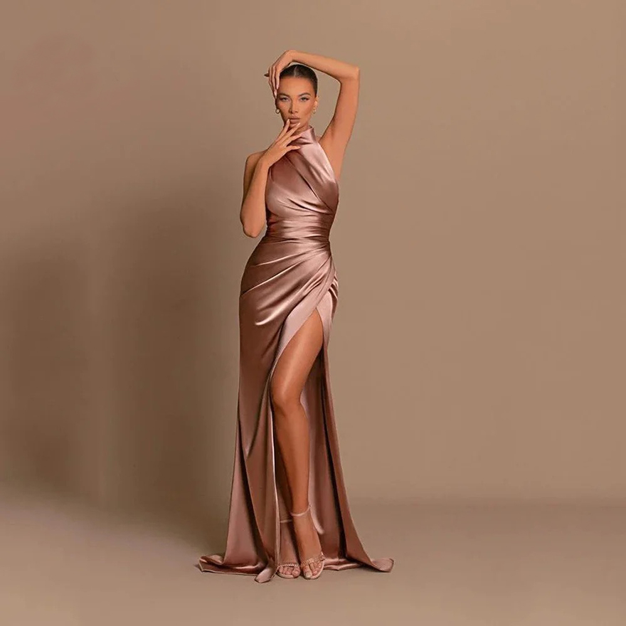 Halter Bridesmaid Dresses For Women 2024 Elegant Satin Prom Dress with Split Long Ruched Evening Party Gowns
