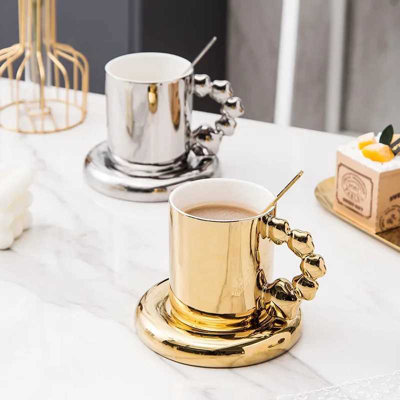 Colorful pearl ceramic coffee cup gold plate light luxurious Nordic style tea breakfast water g Y241211