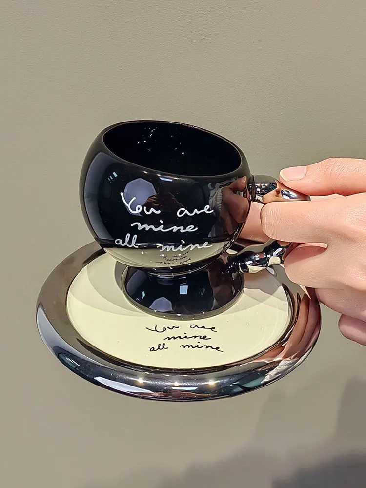 200ml black coffee cup sauce set high-end exquisite ceramic cup and plate set luxurious retro design sensory cup and plate set Y241211