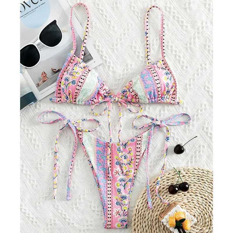 2022 Floral Print String Bandage Bikini Set Swimwear Women Summer Sexy Push Up Bathing Suit Beachwear Halter Biqiuni SwimsuitXJ241212