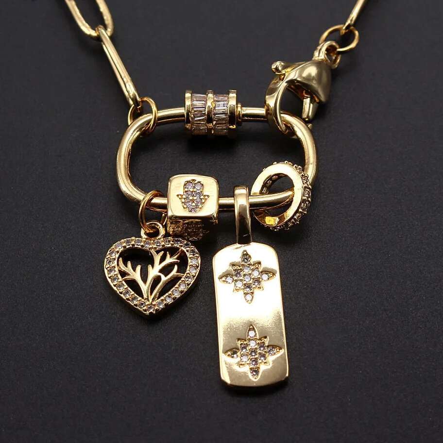 Unique Design Women Screw Lock Zircon Heart Pendant Necklace Gold Color Paper Clip Chain Necklaces Jewelry Party Gift
