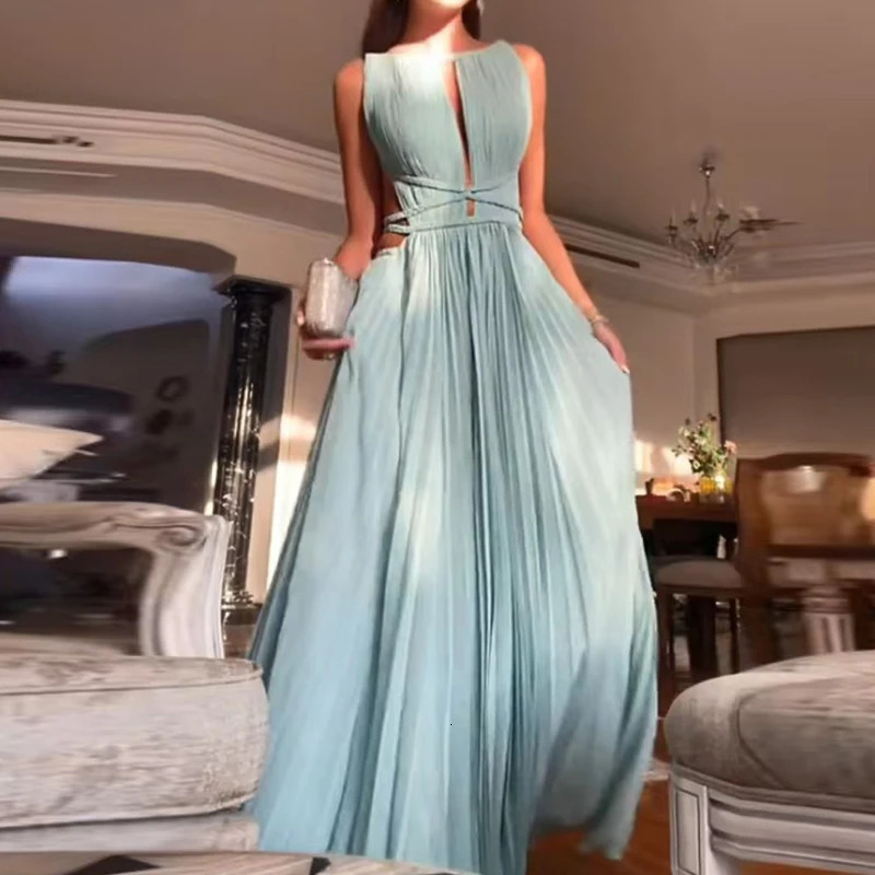 Women's Summer Sexy Backless Dress, High Waisted Sleeveless Swing Dress with Hollow Out Design, Pleated Solid Color Party & Beach Long Dress