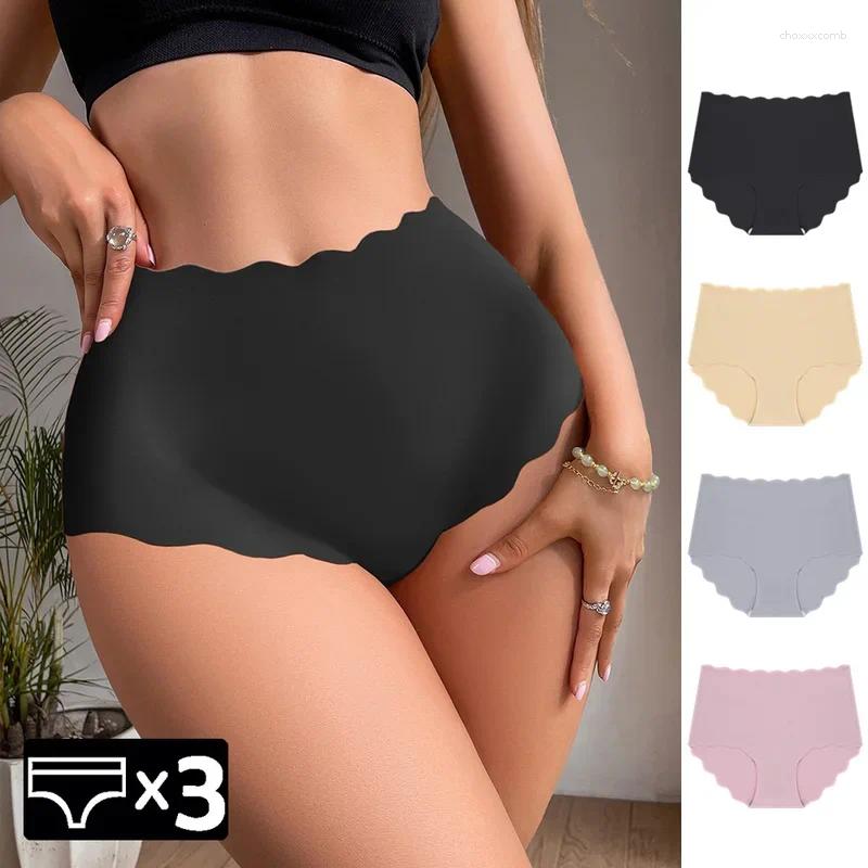 Women's Panties 3Pcs/Set Underwear High-Rise Lifting Ruffles Scalloped Briefs Slip Ice Silk Woman Underpants Seamless