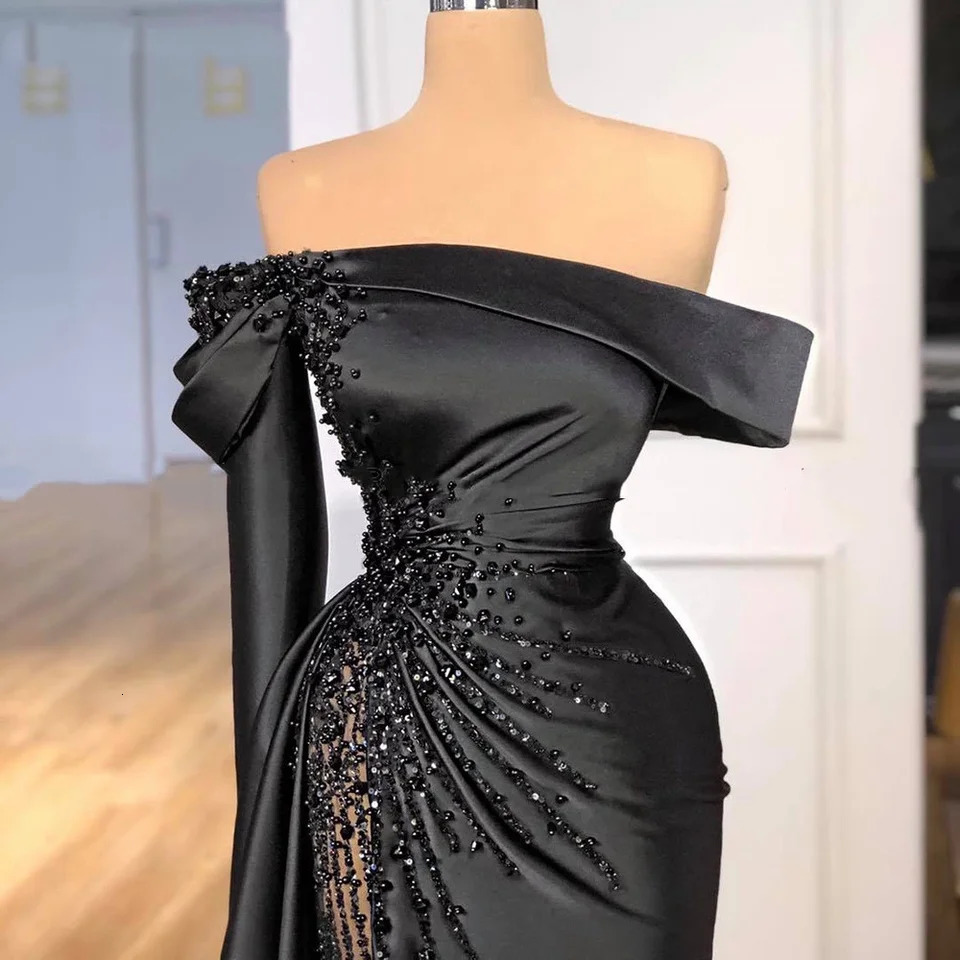 Vinca Sunny Customized Black Beaded Shoulder Satin Mermaid Evening Formal Long Party Ball Dress 241211