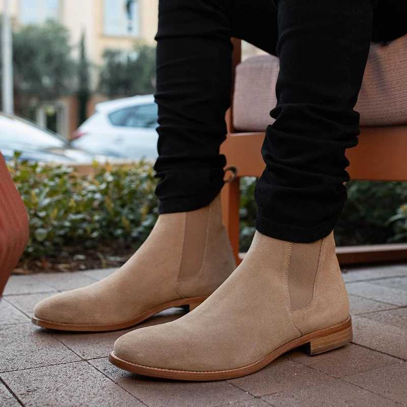 New Chelsea Boots for Men Business Cow Suede Pointed Toe Slip- Solid Mens Formal Boots Size 38-46 Vintage Mens Ankle BootsXJ241212