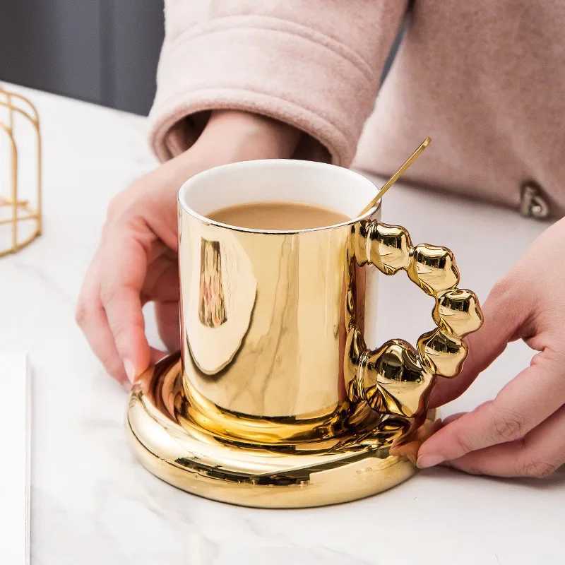 Colorful pearl ceramic coffee cup gold plate light luxurious Nordic style tea breakfast water g Y241211