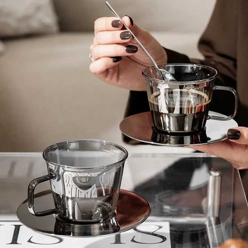 250ml coffee cup and plate set retro light smoke gray transparent coffee cup afternoon tea cup set with spoon Y241211
