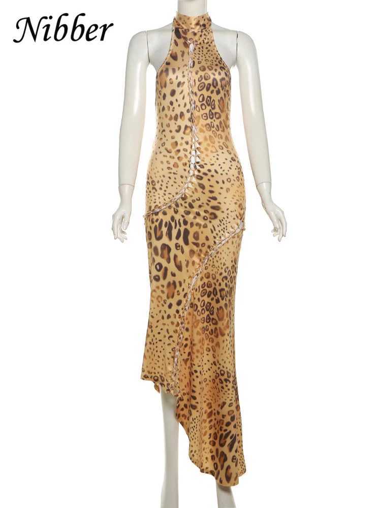 Urban Sexy Dresses Nibber Leopard Print Dress Women Hollow Plait Summer Halter Sexy Backless Fit Irregular Patchwork Hem Slim Vintage Prom Bodycon Y24