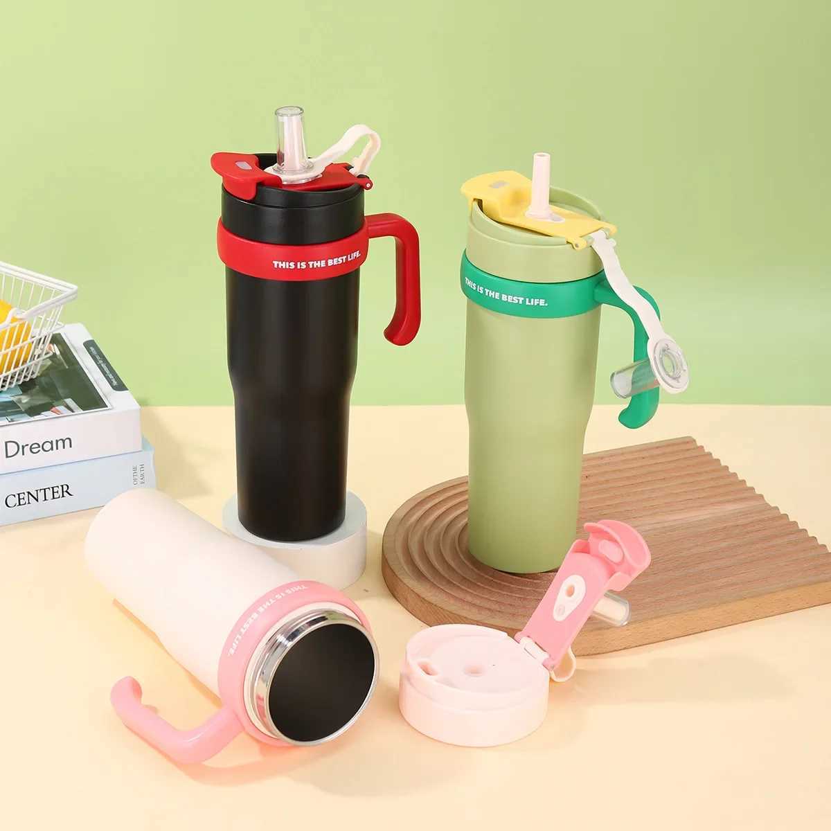 900ml stainless steel inflatable water bottle large capacity hot cup hot coffee cart cup hot and cold GS with handle straw Y241211