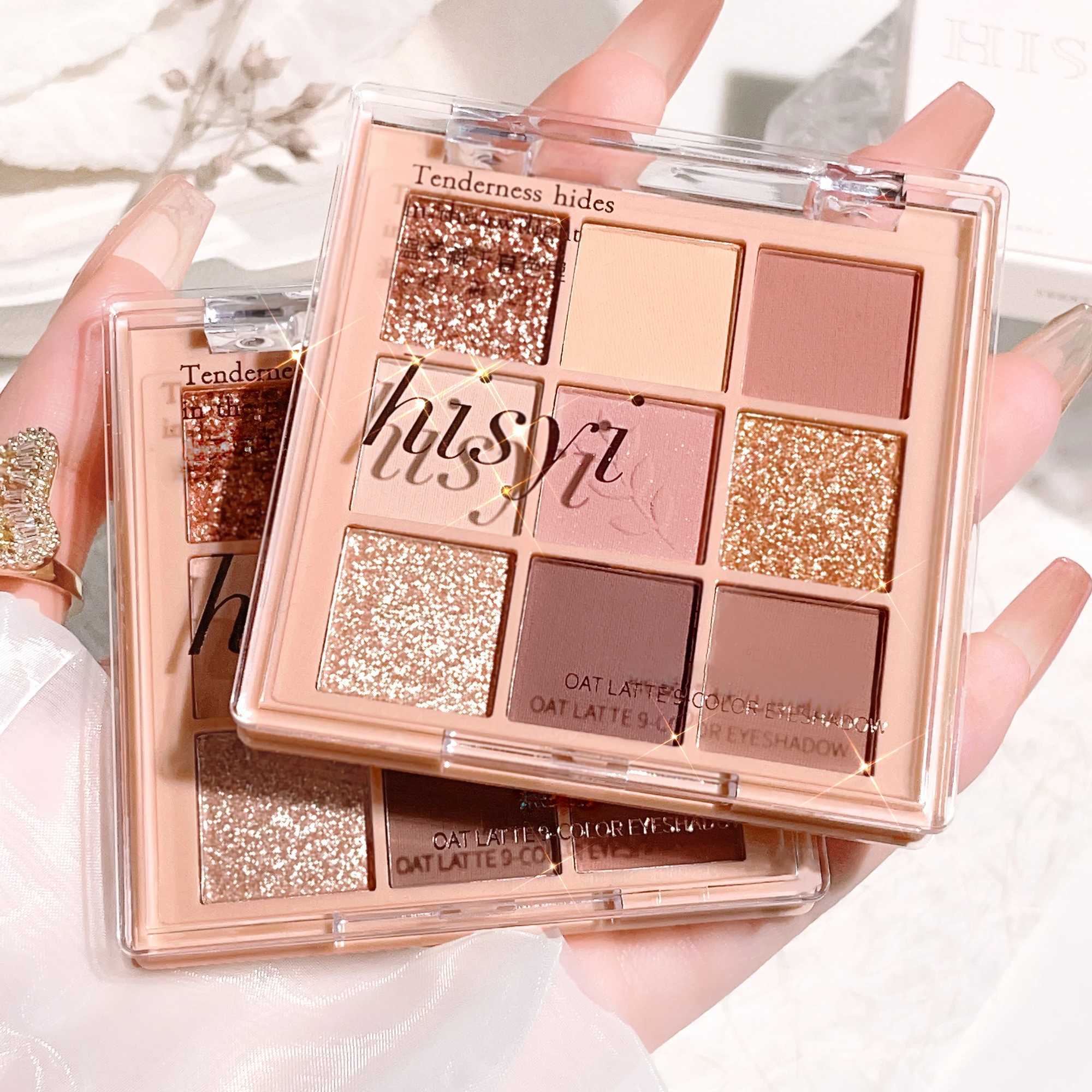 9 color eyeshadow tray matte lescent glitter nude brown earth eyeshadow easy to apply color is not easy to remove makeupW241212