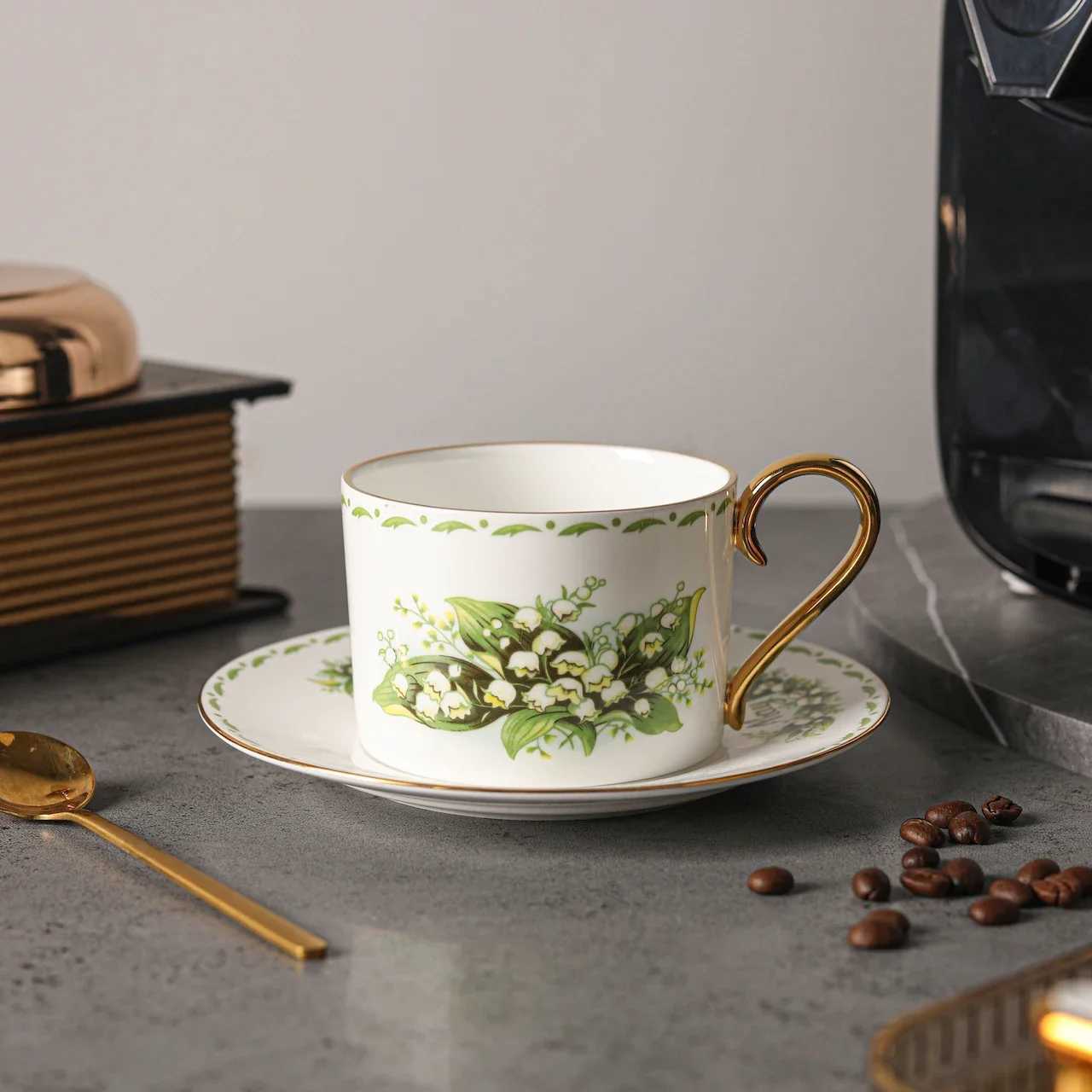 Valley Lily Bone Gold Plated Light Luxury Coffee Cup and Sauce Set Afternoon Tea Cup and Sauce Housewife Y241211