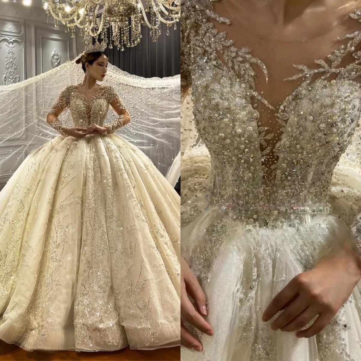 Gorgeous O-neck Long Sleeve Dress Sequins Beaded Wedding Gown Dubai Sweep Train Bride Robe Customized Vestido De Novia
