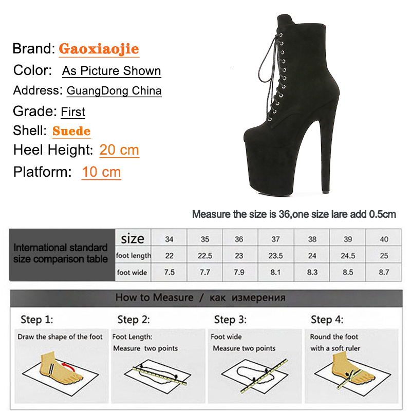 20Cm Fine Heel Black Platform Pole Dance Stripper Suede Ankle Boots Sexy Shoes Very High Heels Laces Round Head
