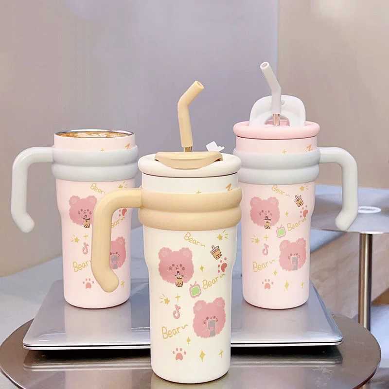 Cute Boba Bear Hot G Kawaii Coffee Cup Large Hot Water Bottle for Tea 700ml Gym Water Bottle with Handle Straw Gift Y241211