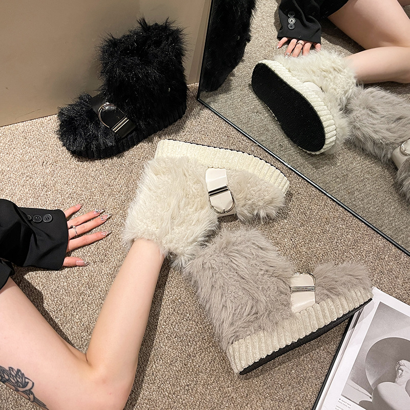 Women Boots:Thick Sole Anti-slip Fashionable Stylish Snow Boots Winter Gifts Belt Buckle Design Cotton Boots,Black/Beige/Grey,Free shipping