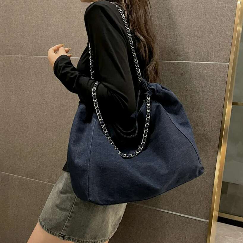 Denim Shoulder Tote Bag for Women - Chic, hot Large Capacity, Big Chain, Pure Color