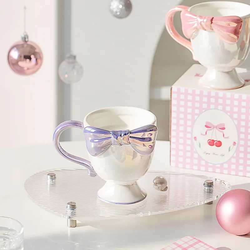 Creative and exquisite girl bow ceramic cup with high aesthetic value coffee and dessert high footed cup Y241211