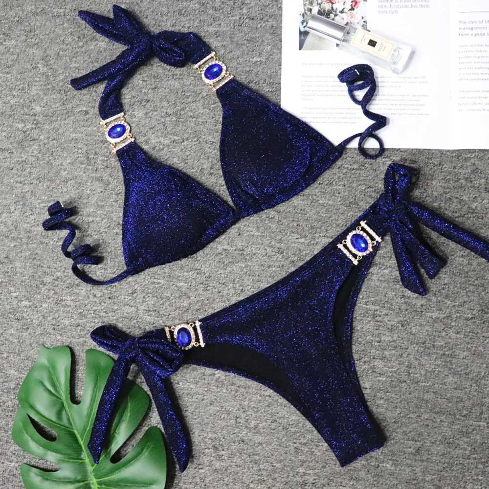 2024 Shiny Rhinestone Bikini Diamond Swimsuit Women Metal Chains Swimwear Fa Two Pieces Bikini Set Halter Bathing Suit SwimXJ241212
