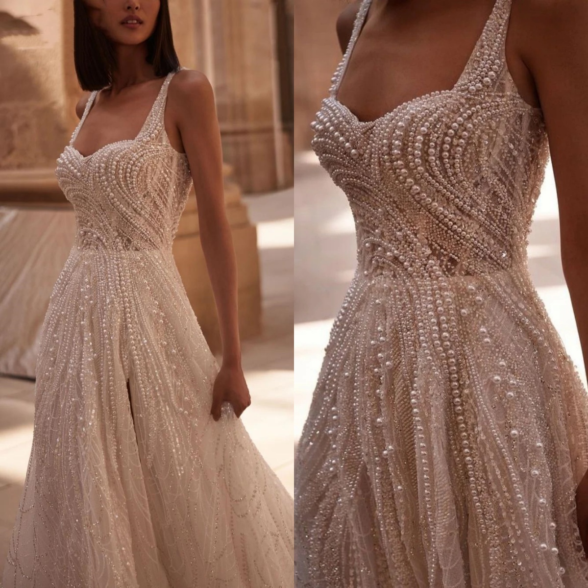 Vintage Bridal Dress Sequins Pearls Wedding Spaghetti Strap Sleeveless Ball Gown Split Side Sweep Train Customized Dresses Vestido De Novia