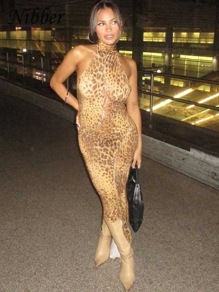 Urban Sexy Dresses Nibber Leopard Print Dress Women Hollow Plait Summer Halter Sexy Backless Fit Irregular Patchwork Hem Slim Vintage Prom Bodycon Y24