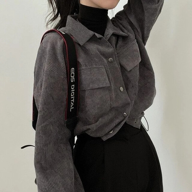 Rimocy Chic Pockets long sleeved cut shirt suitable for Corduroy Drawstring short Korean women wild solid color jacket 241211
