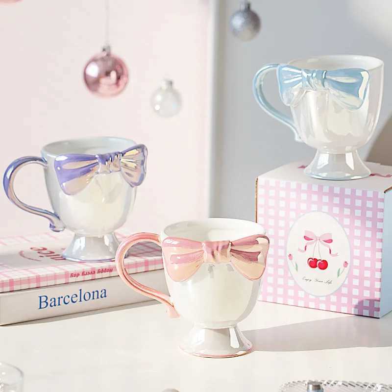 Creative and exquisite girl bow ceramic cup with high aesthetic value coffee and dessert high footed cup Y241211