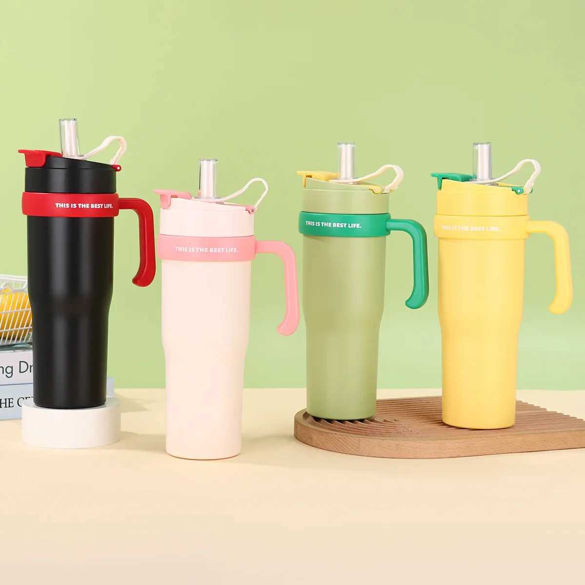 900ml stainless steel inflatable water bottle large capacity hot cup hot coffee cart cup hot and cold GS with handle straw Y241211