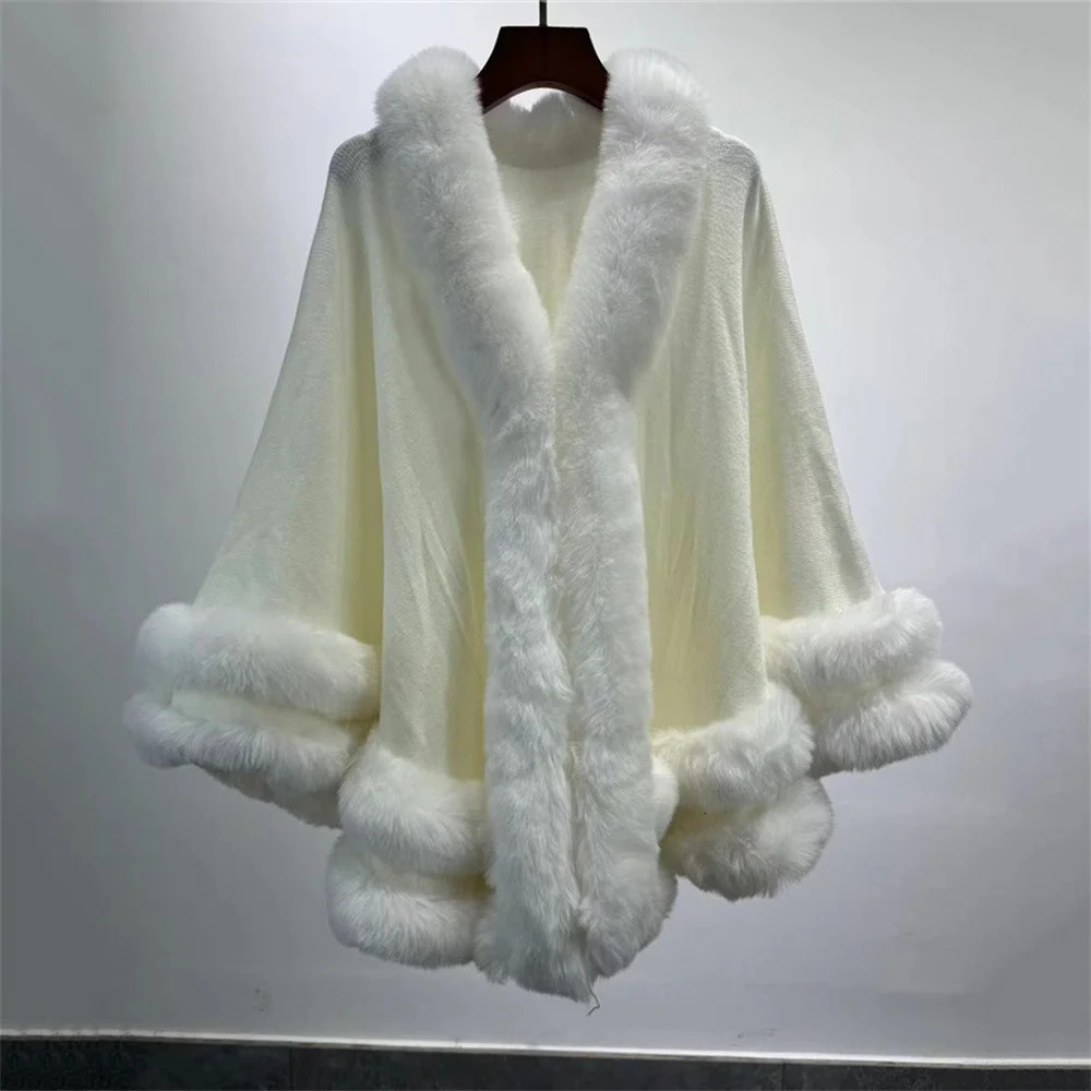 Womens thick and warm cashmere raincoat shawl 2-loop synthetic fur collar large bell swing shawl loose coat cape winter 241212