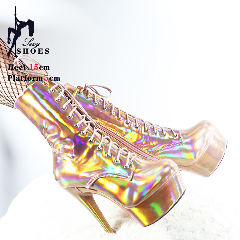 Sexy 15Cm Exotic Pole Dancing High Heel Platform Lace-Up Spring Autumn Bright Golden Gradient Ankle Boots Stripper Shoes