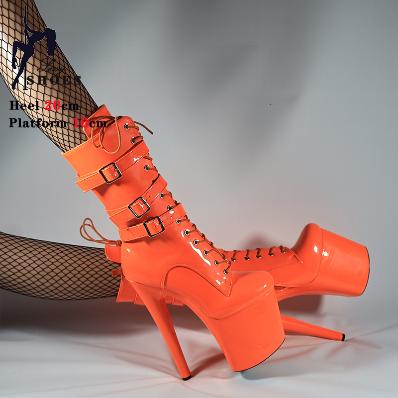New Women Ankle With Sexy 20Cm/8Inch Pole Dance Shiny Platform Stripper Heels Three Belt Buck ZIP Short Boots