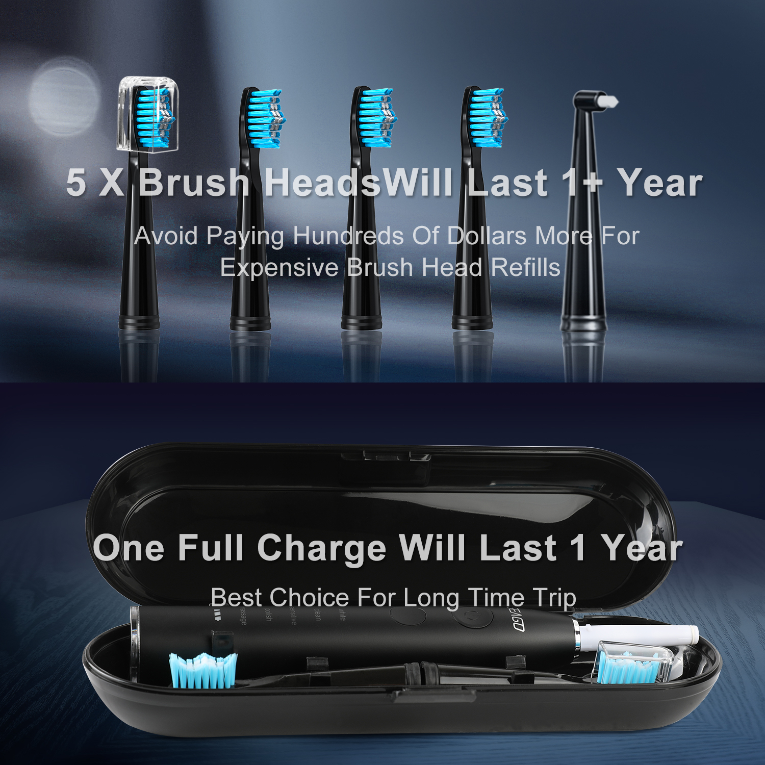 Seago Electric Sonic Toothbrush USB Rechargeable Adult 360 Days Long Battery Life Ipx7 4 Replacement Heads Travel Box Sg-575