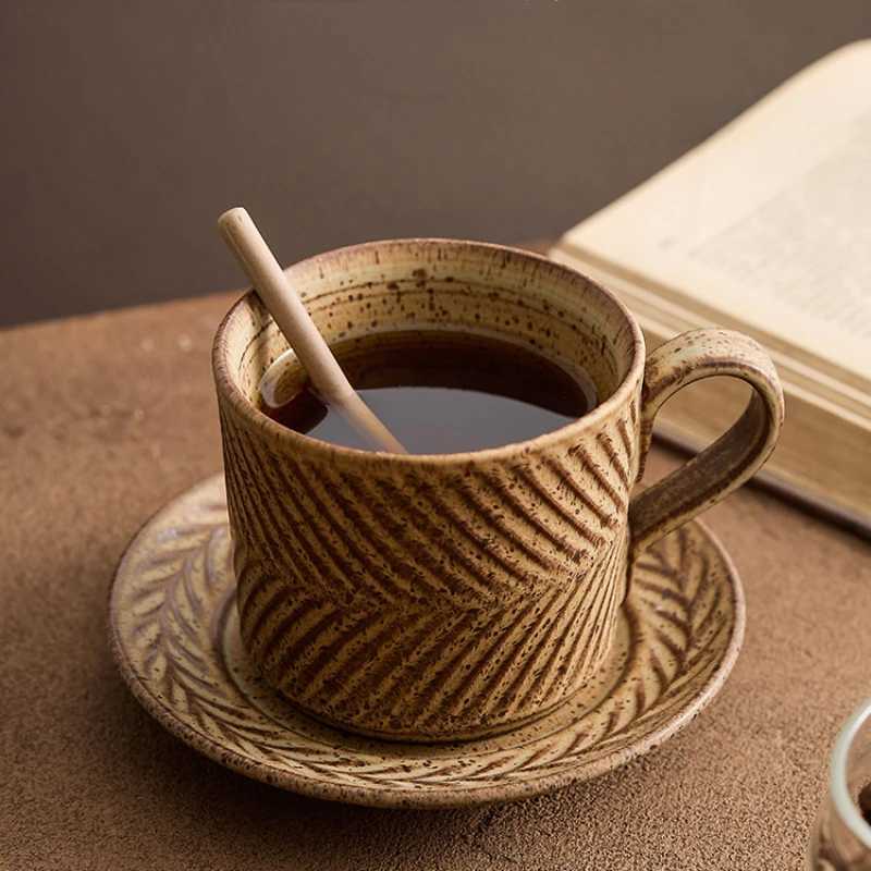 Light Luxury high-end afternoon tea ceramic cup and sauce set home high-end g retro coffee stone product cup Y241211