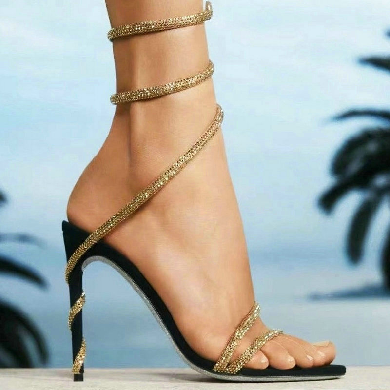 2024 Europe Summer New High-Heeled Stiletto Rhinotone Sandals Women's Large Size Heels