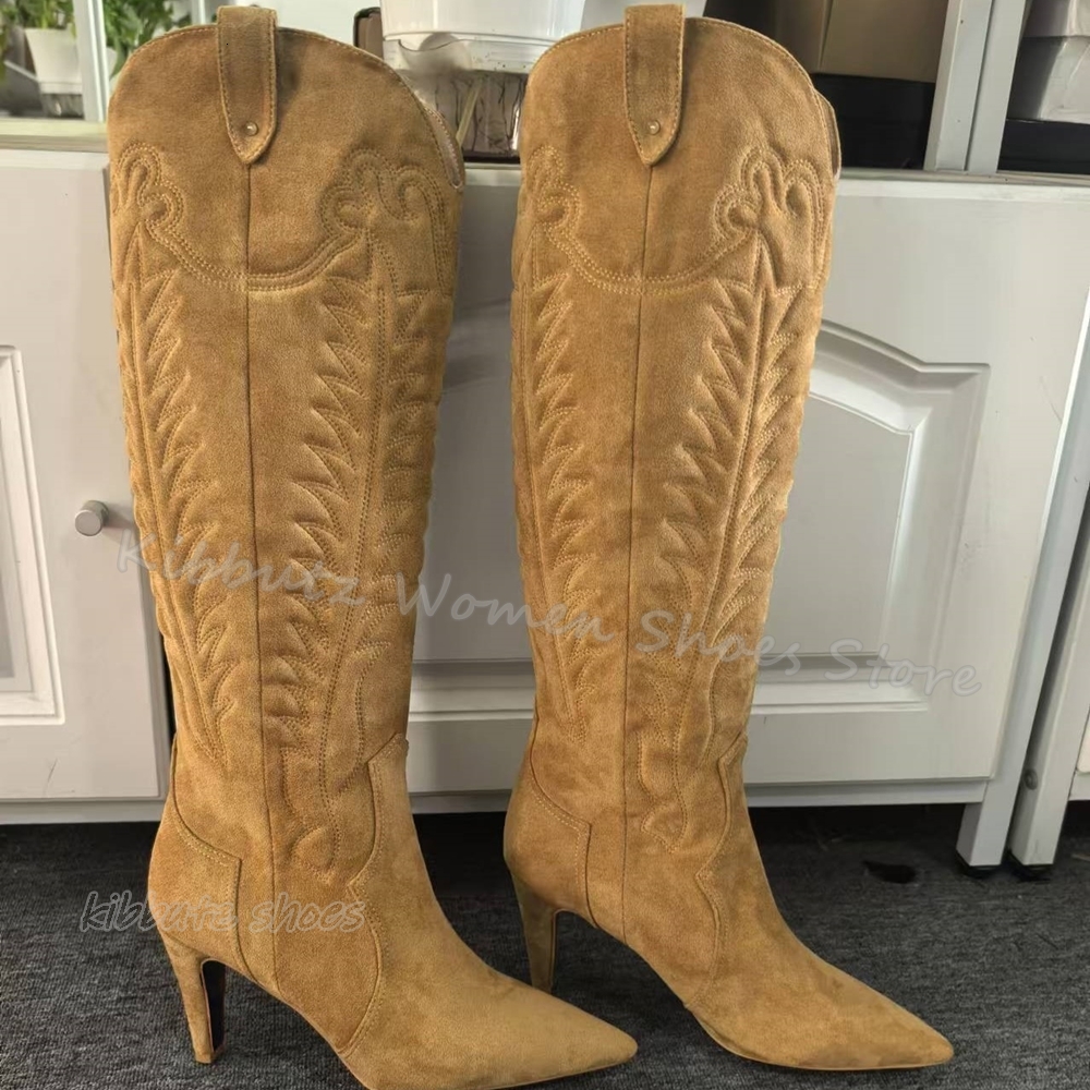 Totem Cowboy Knee High Boots Vintage Concise Elegant Fashion Slip-On Pointed Toe Thin Heels Women Shoes New Solid Color