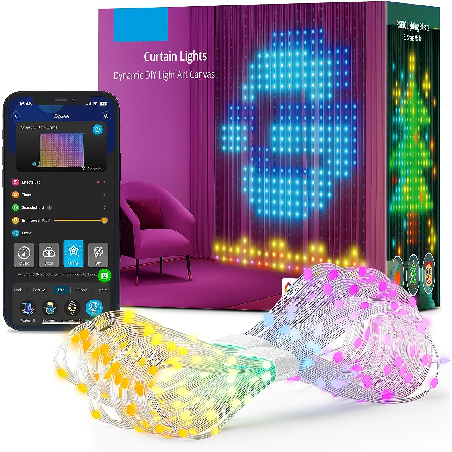 400 LED Smart Curtain Lights, DIY Programming App Remote Control RGB Fairy String Lights, Smart LED Curtain Lights, Color Changing Wall Lights, Dynami