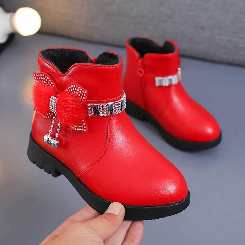 Boots Girls Children Princess Shoes with Butterfly Knot Soft Sole High Top Studded Kids Casual PU Leather Pure Color H241212T8QQ