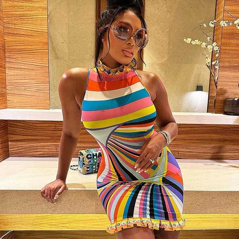 Urban Sexy Dresses Colorful Print Bodycon Mini Dresses Women Slveless Turtleneck Unique Ruched Trend Chic Birthday Party Hip Skirks Y24121275FB