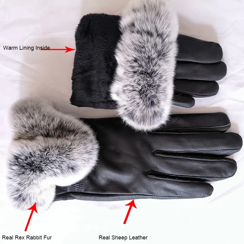 2024 Winter Warm Womens Genuine Sheep Leather Gloves with Genuine Fur Cuffs and Fingers Fashion Womens Natural Fur Gloves 241212