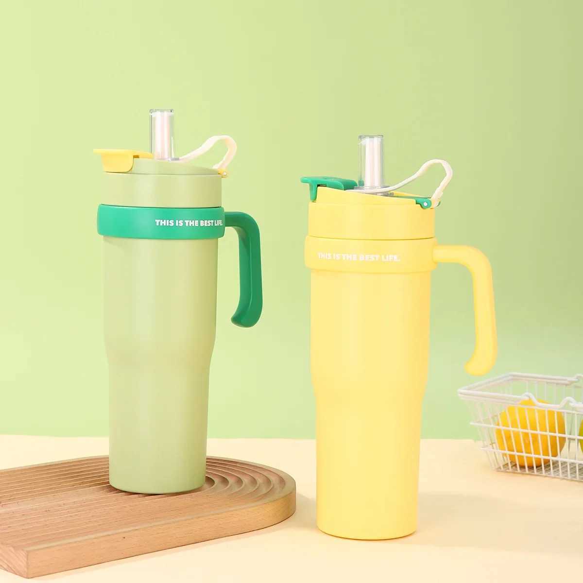 900ml stainless steel inflatable water bottle large capacity hot cup hot coffee cart cup hot and cold GS with handle straw Y241211