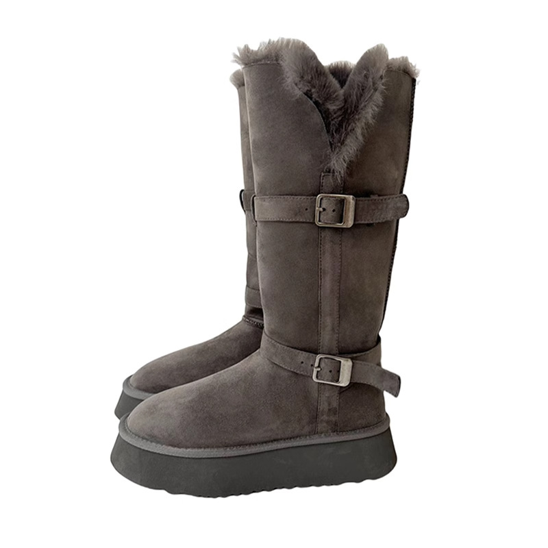 Grey thick sole fashion high tube plus cashmere warm snow boots 2025 winter new belt buckle short tube women's cotton shoes