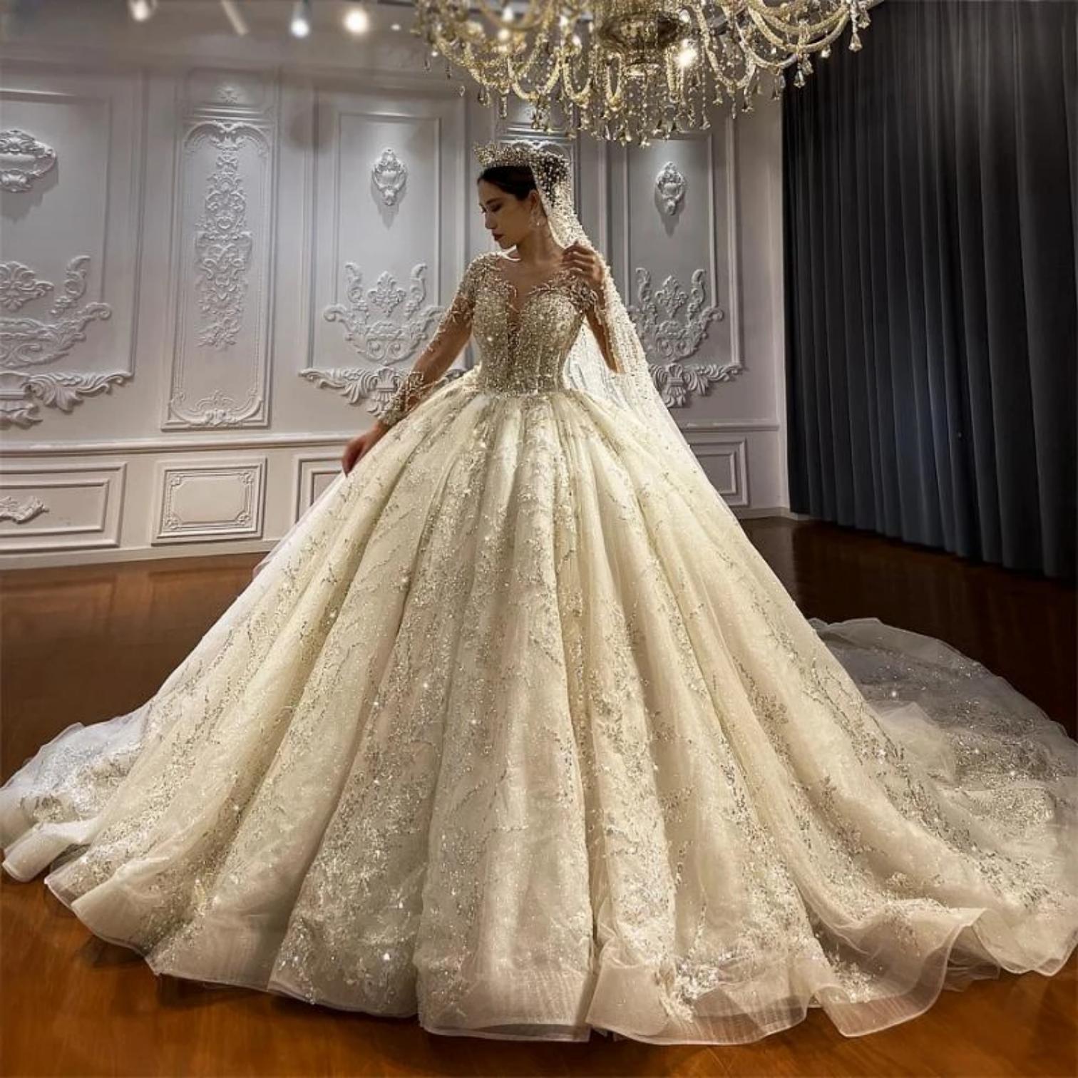 Gorgeous O-neck Long Sleeve Dress Sequins Beaded Wedding Gown Dubai Sweep Train Bride Robe Customized Vestido De Novia